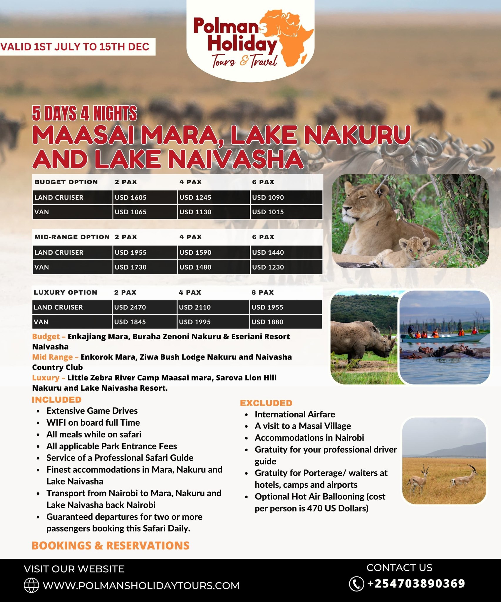 5 Days 4 Nights Mara, Nakuru, and Naivasha Private Safari Peak Season