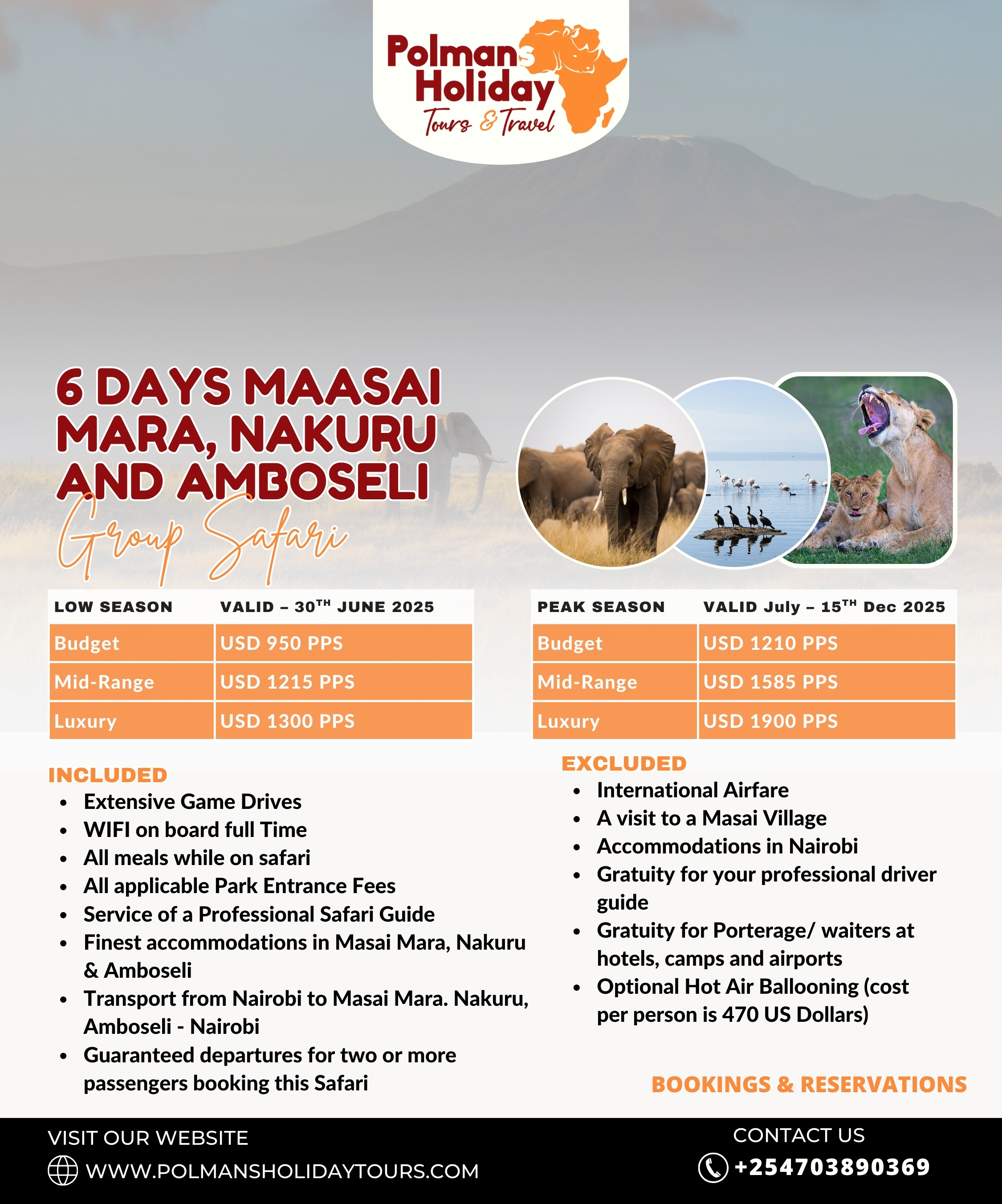 6 Days 5 Nights Mara, Nakuru, and Amboseli Group Joining Tour by Polmans Holiday Tours and Travel
